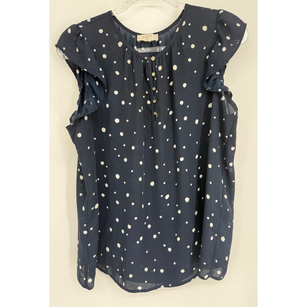Loft Outlet Navy Blue Polka Dot Ruffle Sleeve Henley Blouse Sz L Petite